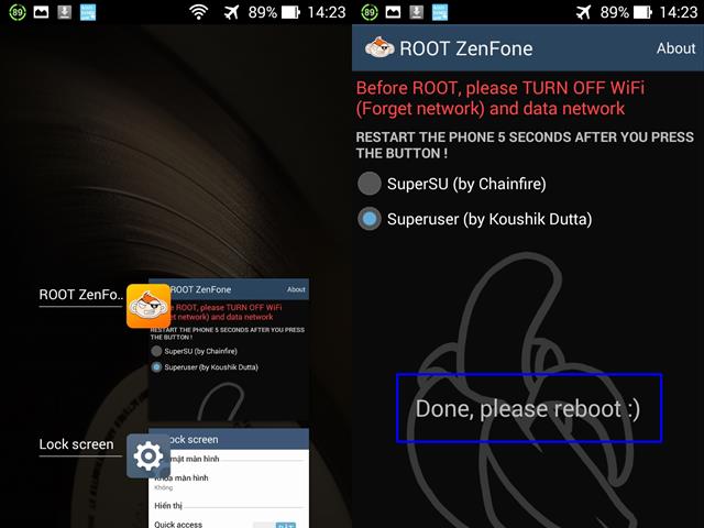 Tiếp theo bấm phím đa nhiệm > Clear All > vô lại ứng dụng Root kiểm tra xem Root thành công chưa, nếu chưa làm lại một lần nữa sẽ thấy thông báo “Done, Please reboot :)” > khởi động lại máy
