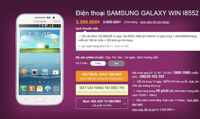 Samsung Galaxy Win giá tham khảo chỉ còn 3.390.000 đồng. Đặt mua tại đây