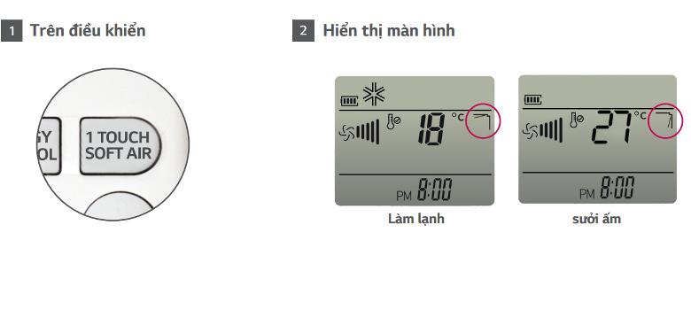 Mở chế độ gió tiếp xúc nhẹ bằng nút bấm 1 Touch Soft Air trên điều khiển