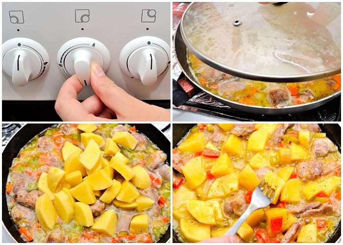 Khi món hầm đã sôi, bạn hạ nhiệt độ xuống, để ngọn lửa thấp. Đậy nắp nồi lại và bạn sẽ tiến hành hầm thịt trong khoảng từ 1 đến 4 tiếng, cho đến khi thịt mềm hẳn. Khi món hầm đã sôi, bạn hạ nhiệt độ xuống, để ngọn lửa thấp. Đậy nắp nồi lại và bạn sẽ tiến hành hầm thịt trong khoảng từ 1 đến 4 tiếng, cho đến khi thịt mềm hẳn.