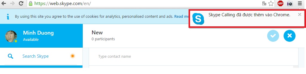 Thêm plugin Skype Calling vào trình duyệt Chrome hoàn tất Thêm plugin Skype Calling vào trình duyệt Chrome hoàn tất