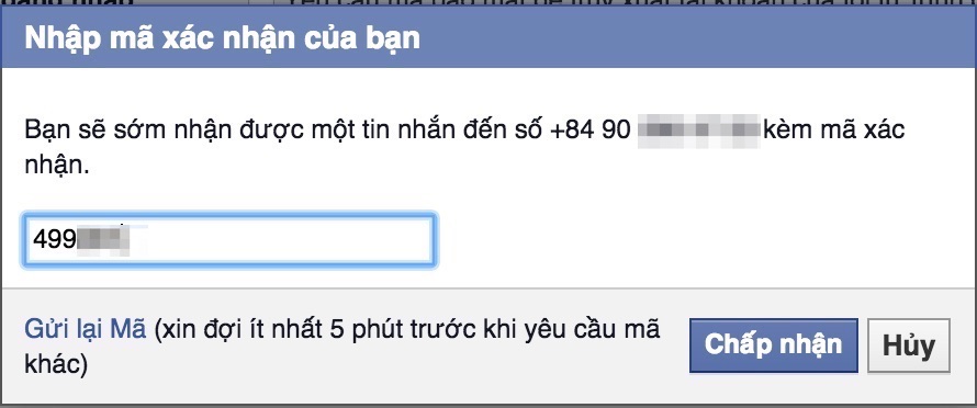 Xác nhận đăng ký tài khoản facebook qua số điện thoại