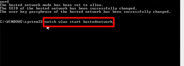 Chạy lệnh netsh wlan start hostednetwork