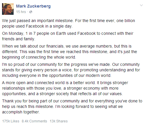 Mark Zuckerberg Post facebook đạt 1 tỷ người 1 ngày