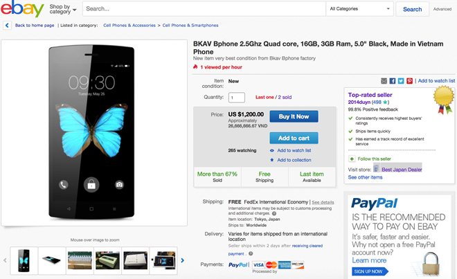 Bphone được bán trên eBay Nhật Bản Bphone được bán trên eBay Nhật Bản
