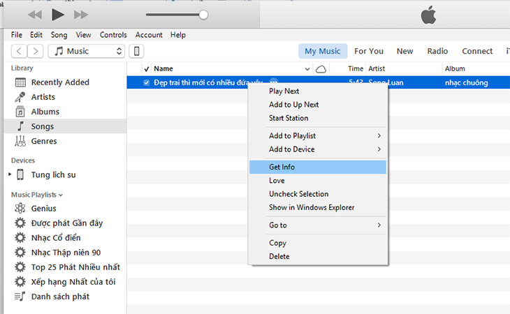 Click chuột phải vào bài hát, chọn Get info. Click chuột phải vào bài hát, chọn Get info.