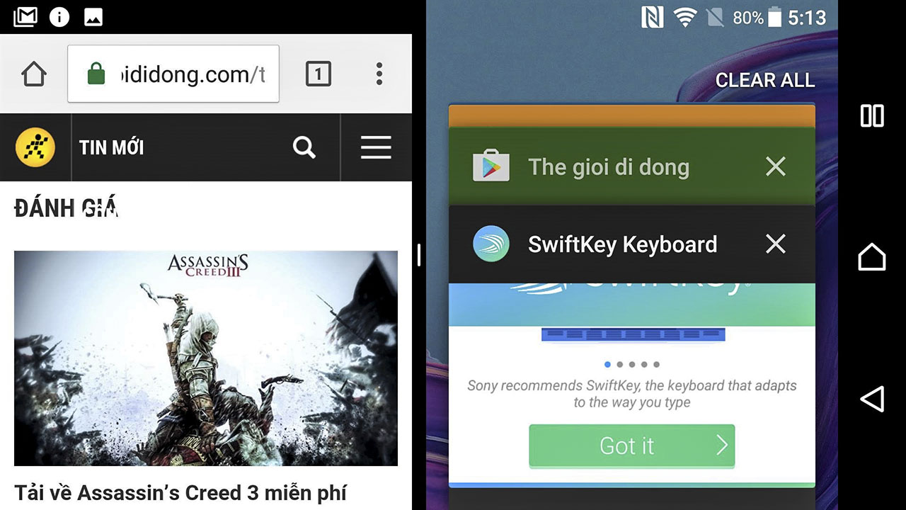 đa nhiệm cửa sổ trên Xperia XZ Android 7.0