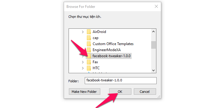 Chọn thư mục facebook tweaker