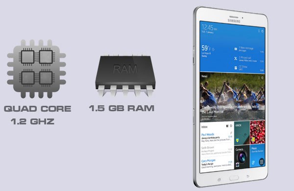 Sản phẩm được trang bị cấu hình mạnh mẽ Galaxy Tab 4 8.0 lõi tứ 1,2GHz, RAM 1,5GB