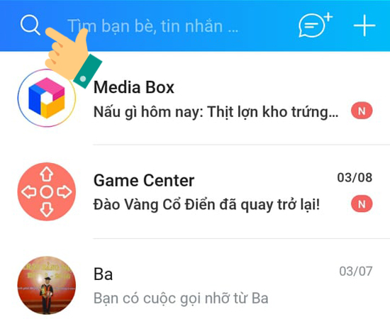 Bước 1: Từ giao diện các cuộc trò chuyện, chọn biểu tượng kính lúp để tìm kiếm.