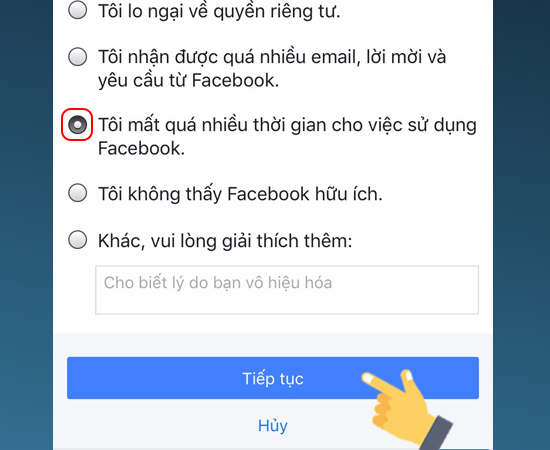 Bước 7: Sau đó chọn một lý do khiến bạn vô hiệu hóa > Tiếp tục.