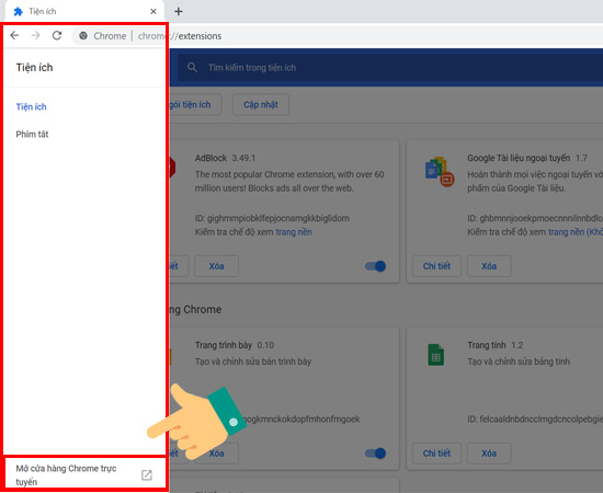 Bạn hãy để ý phần cuối cùng của cửa sổ Tiện ích và chọn Mở cửa hàng Chrome trực tuyến nhé.