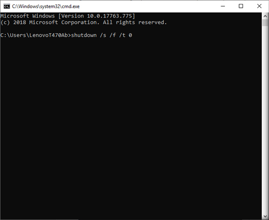Bước 2: Trên cửa sổ Command Prompt, gõ dòng lệnh shutdown /s /f /t 0 vào rồi nhấn Enter là máy bạn sẽ tự động tắt: