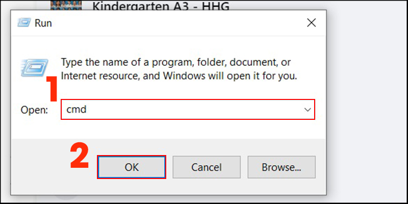 Windows + R > Gõ cmd vào ô tìm kiếm > Nhấn phím Enter.
