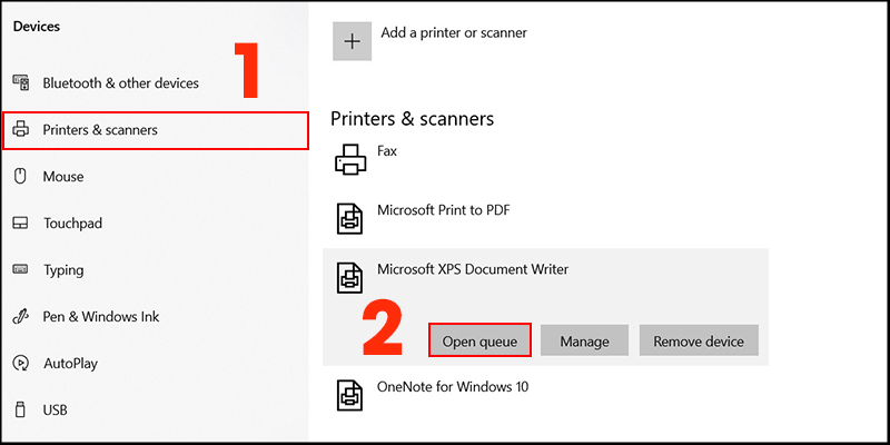 Nhấn chuột phải vào Tên máy in bạn đang sử dụng ở phần Printers & Scanners > Chọn Open Queue.