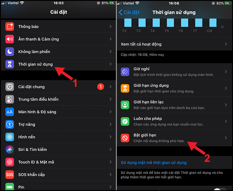 Thời gian sử dụng Bật giới hạn để cho phép thay đổi tài khoản trên iPhone
