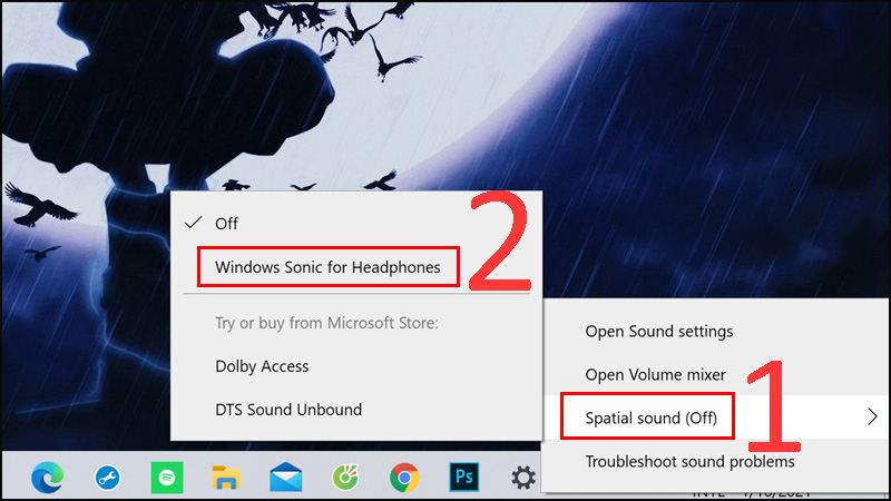 Đưa chuột đến mục Spatial sound > Chọn Windows Sonic for Headphones