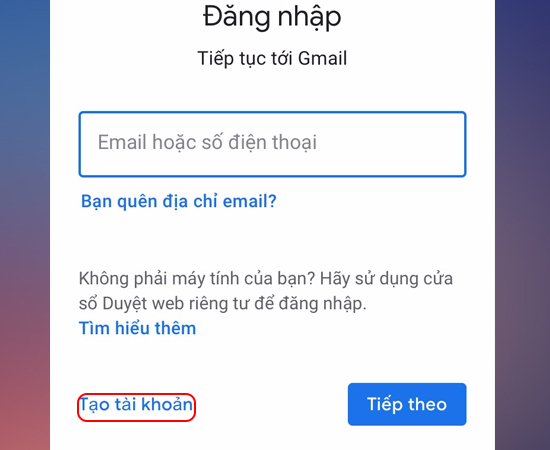 Bước 1: Vào trang đăng ký khoản Gmail của Google > Tạo tài khoản.