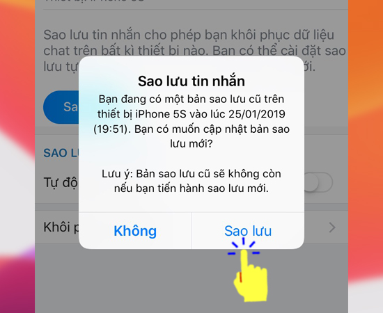 Và chọn Sao lưu để bắt đầu quá trình.